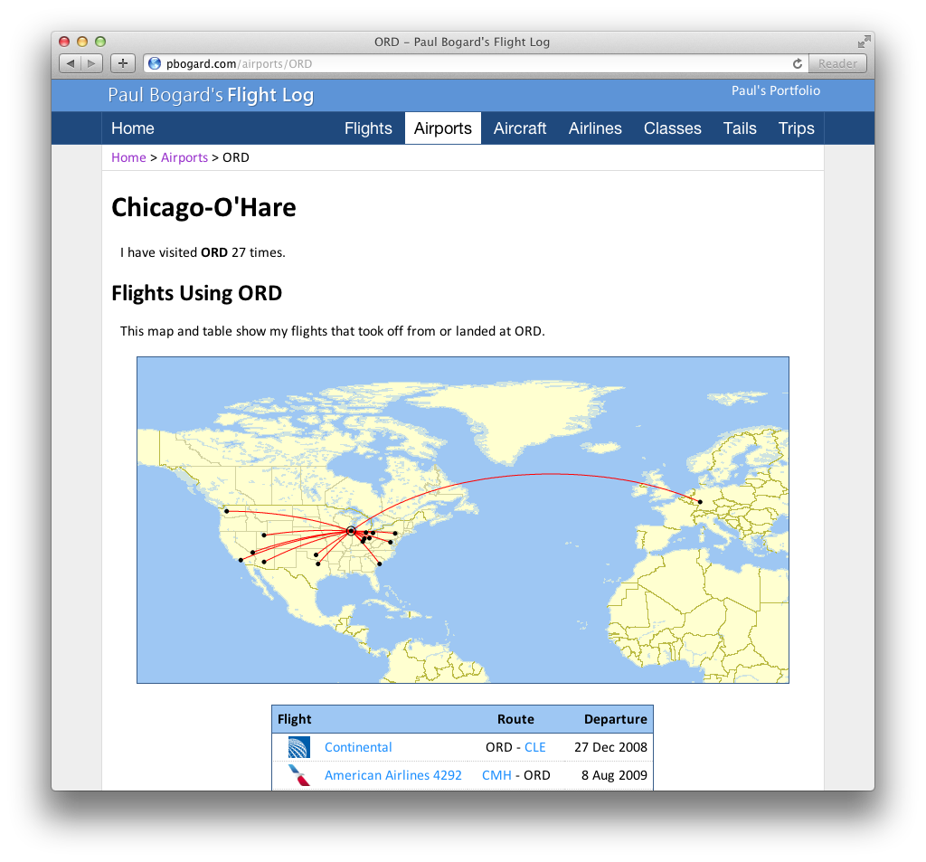 A map and table of Paul's flights through Chicago O'Hare.