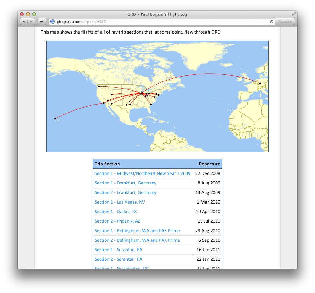 A map and table of Paul's trip sections with a flight through Chicago O'Hare.