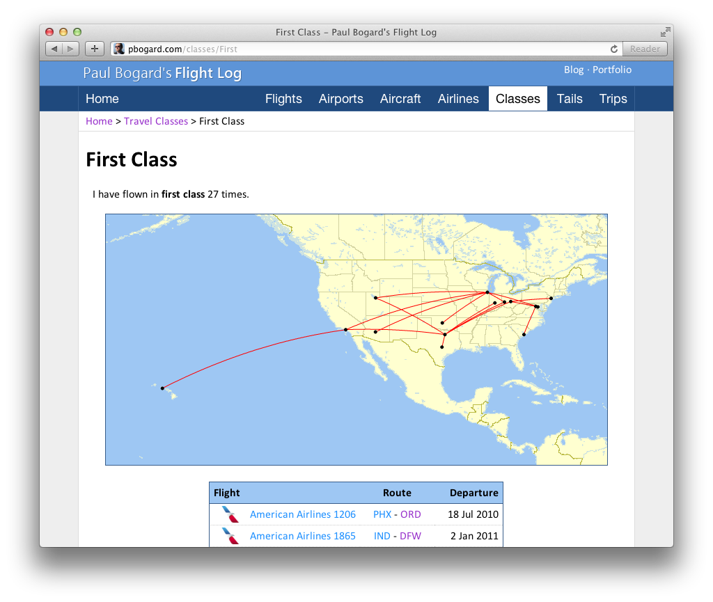 A map and table of Paul's flights in first class.