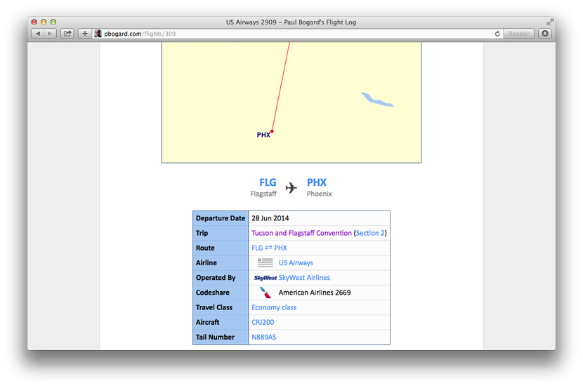 Details for US Airways flight 2909 on 28 Jun 2014, showing that it's operated by SkyWest Airlines and has a codeshare with American Airlines flight 2669.