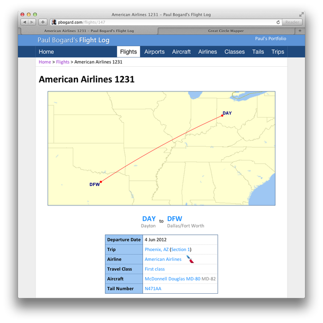 A map and flight details for American Airlines 1231 on 4 Jun 2012.