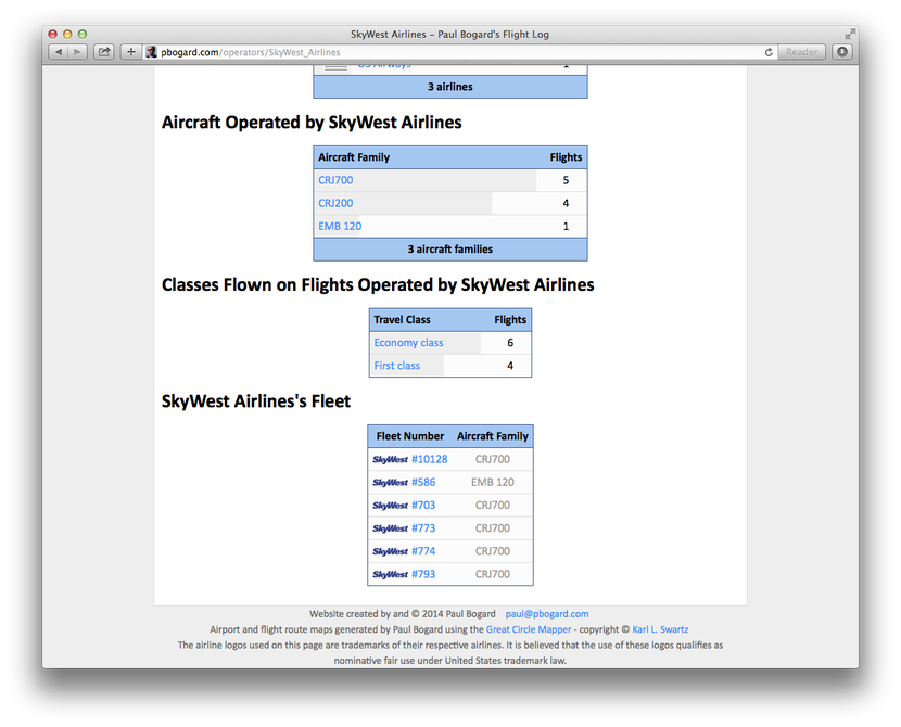 A table of SkyWest Airlines's fleet numbers that Paul has flown.