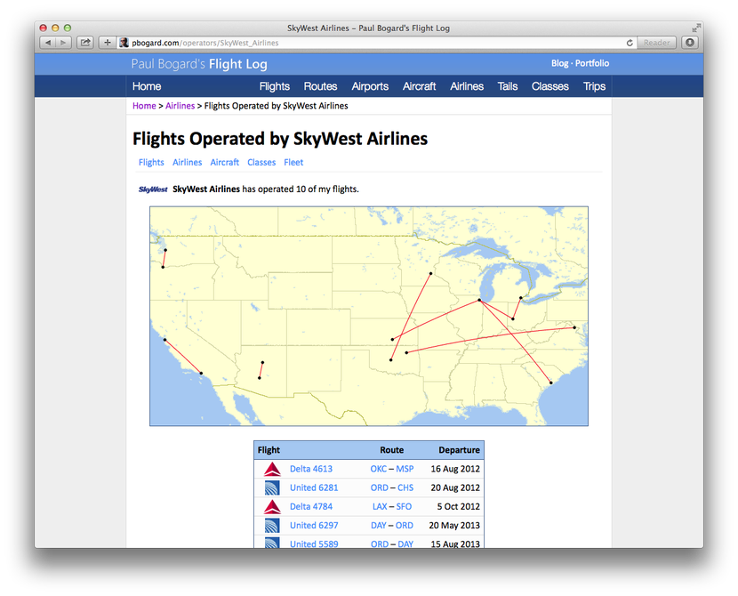 A map and table of Paul's flights operated by SkyWest airlines.