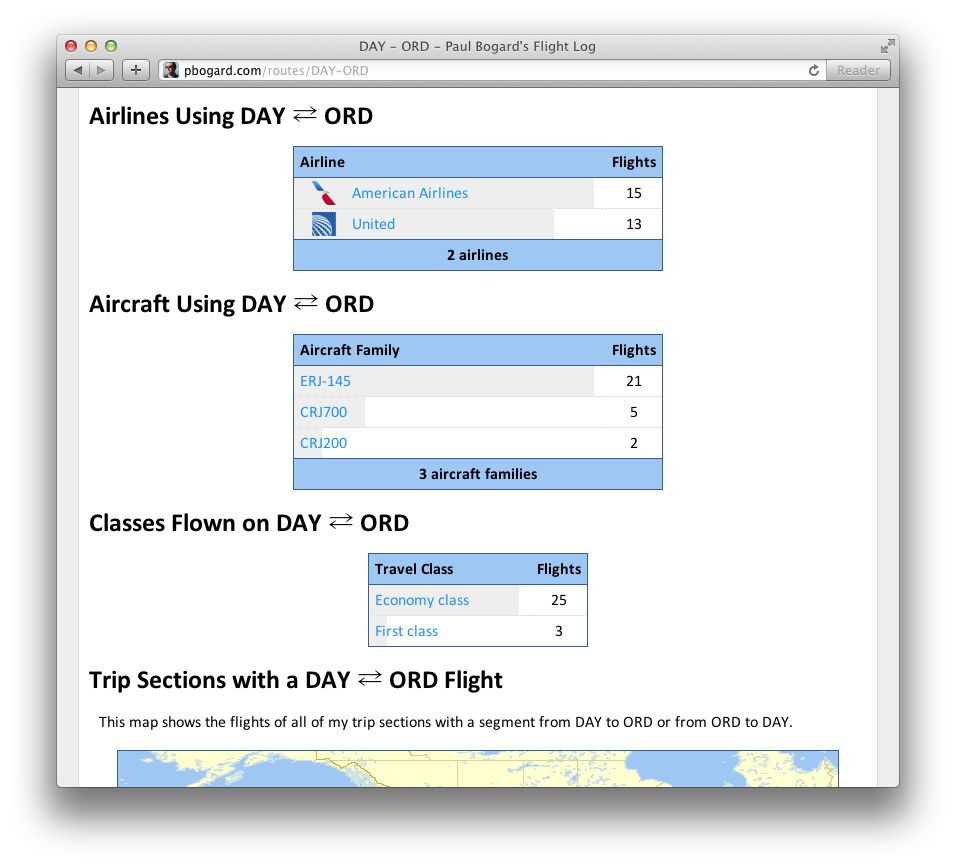 Tables of all airlines, aircraft, and classes Paul has flown between DAY and ORD (in either direction). There is also a map showing flights in trip sections that include a flight on this route.