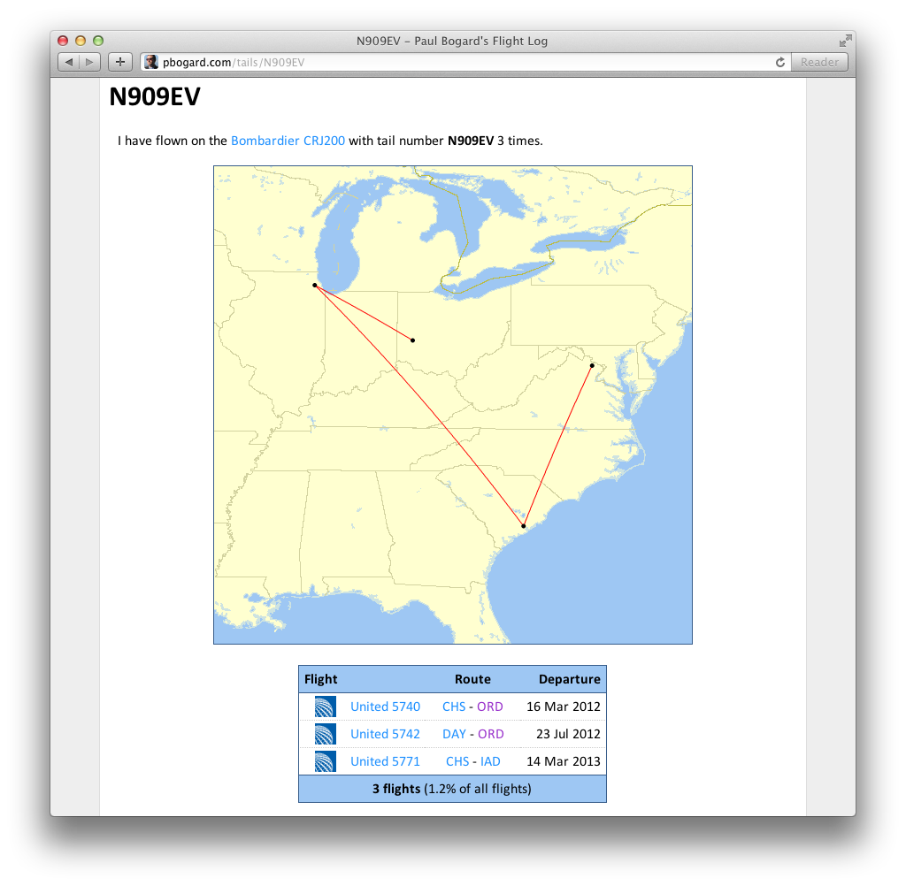 A map and table of Paul's flights on the CRJ-200 with tail number N909EV.