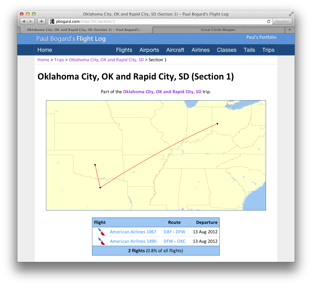 A map and list of the two flights in section 1 of my Oklahoma City, OK and Rapid City, SD trip.