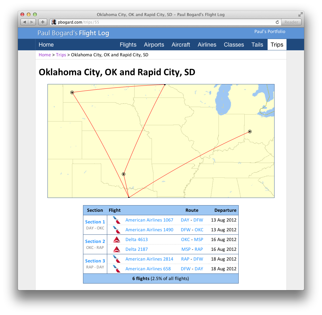 A map and list of the six flights in my Oklahoma City, OK and Rapid City, SD trip.