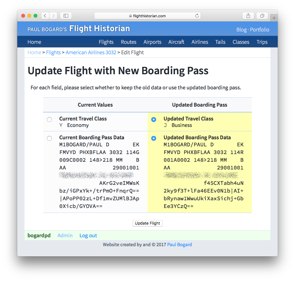 A page comparing the differences between the current field values for a flight and the field values for an updated boarding pass for that same flight.