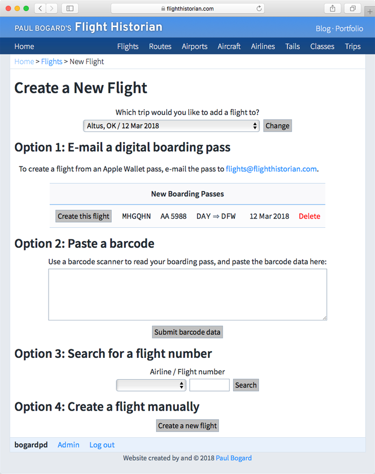 New Flight menu on Flight Historian, showing options for emailing a digital boarding pass, pasting a barcode, searching for a flight number, or creating a flight manually.