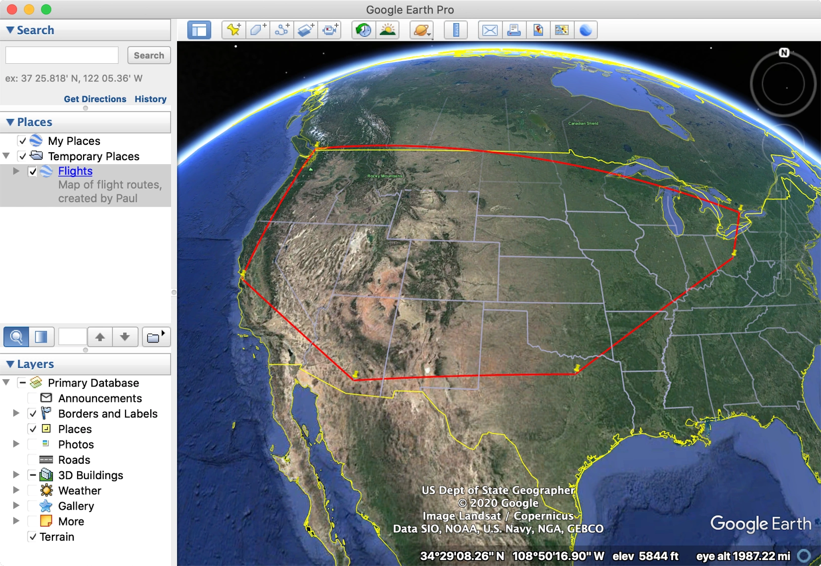 Google Earth, showing a trip from CMH-DFW-TUS-SFO-YVR-YYZ-CMH.