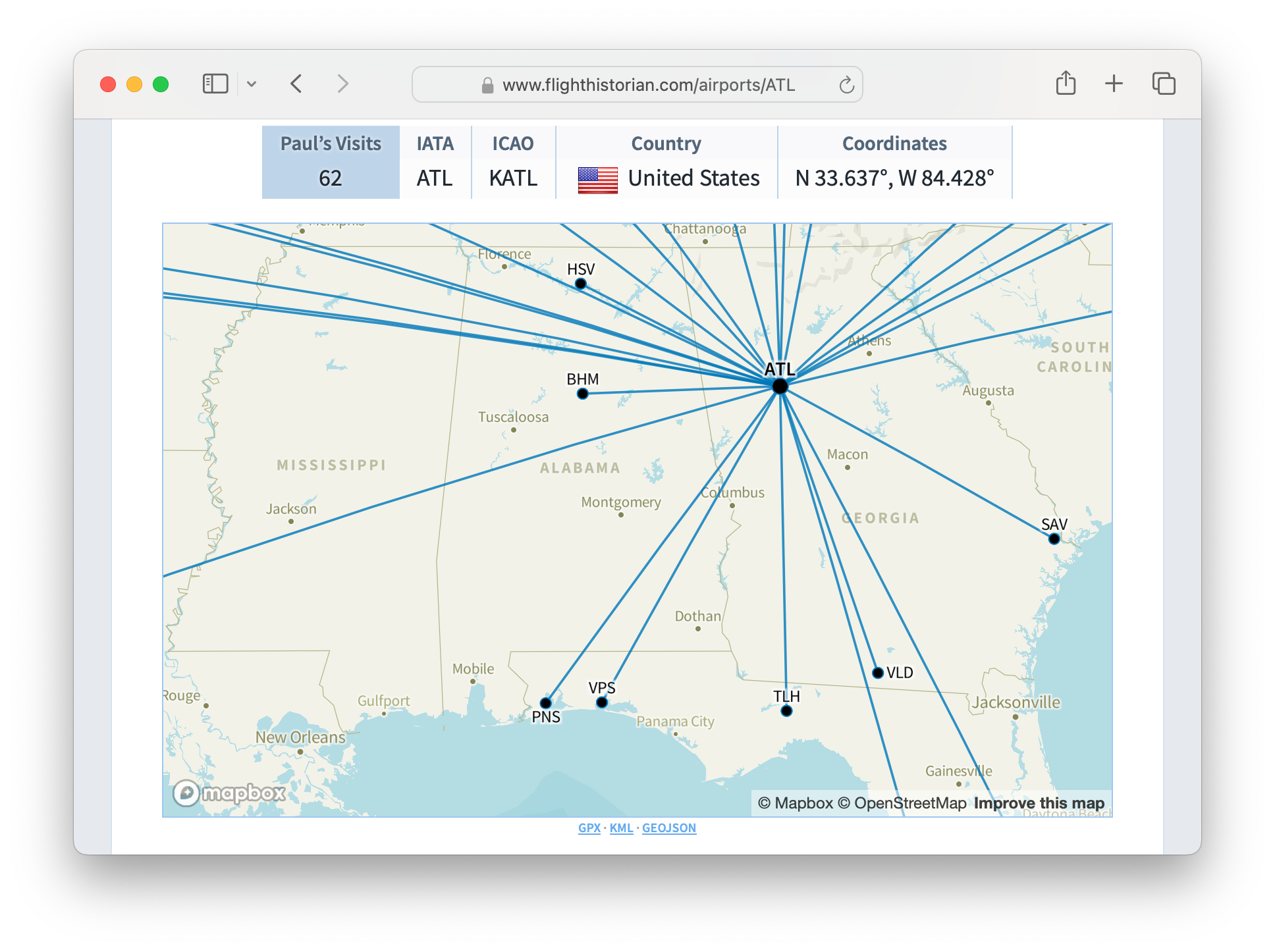 A screenshot of Flight Historian, showing a zoomed in map on the page for the ATL airport.