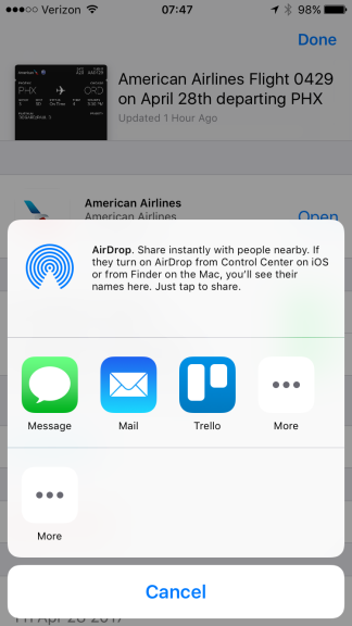 Wallet app boarding pass share menu, showing email as an option.