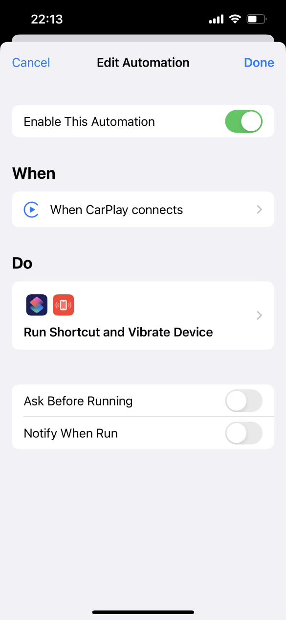 iOS Shortcuts app, showing actions of Run Timelog Start and Vibrate Device.