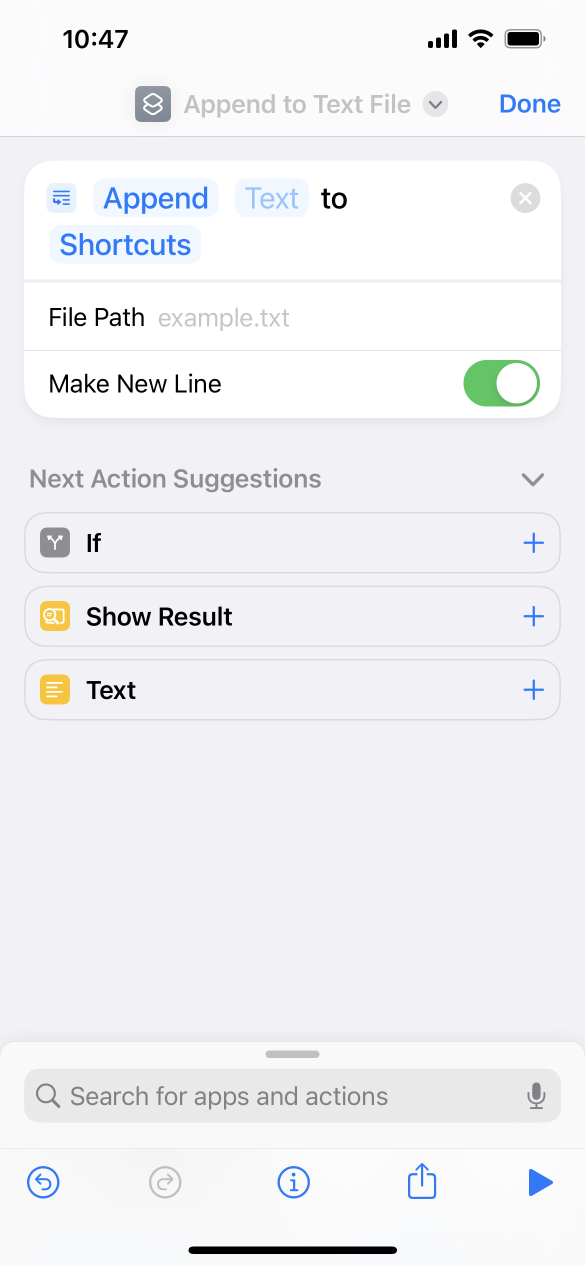 A screenshot of the Append to Text File action settings.