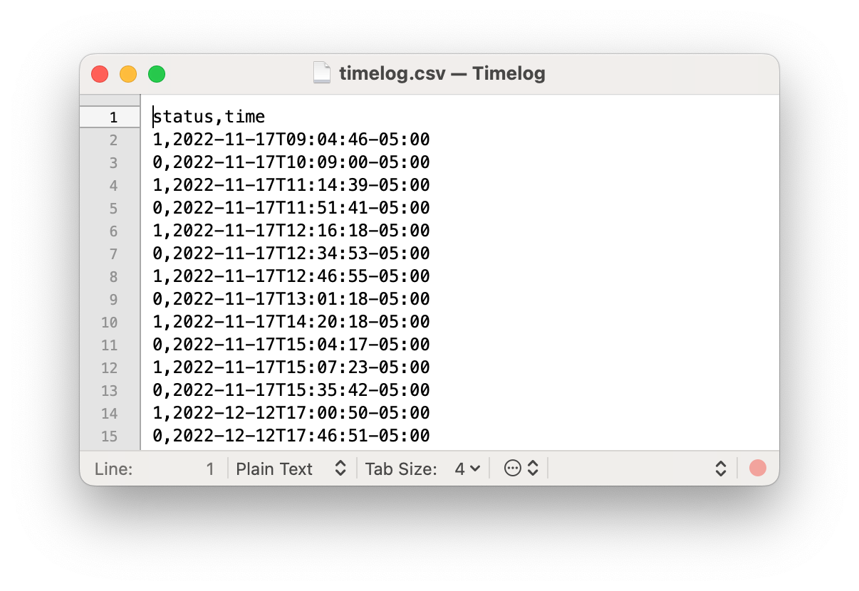 A screenshot of timelog.csv, showing a number of start and stop entries.