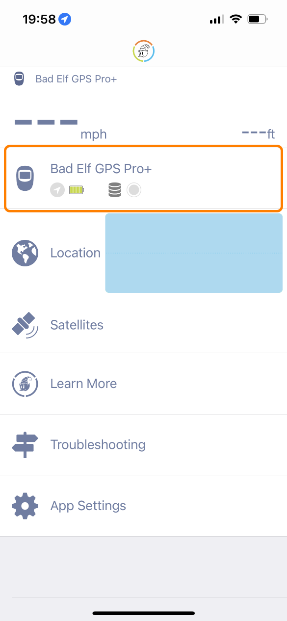 Bad Elf GPS app with device settings row highlighted.