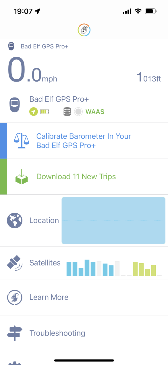 Bad Elf GPS app main screen, showing the option to download trips.