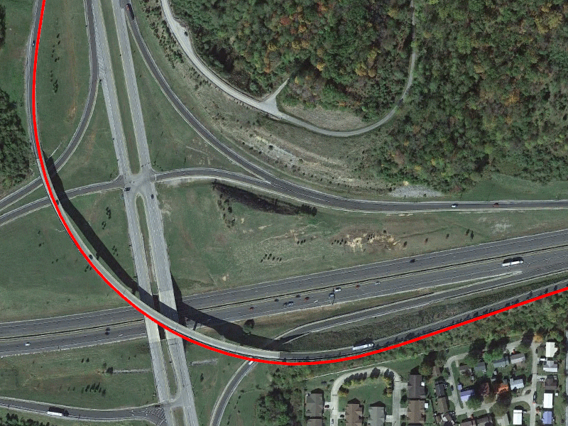 A GPS track with a radius slightly larger than the curve of the overpass it should be following.