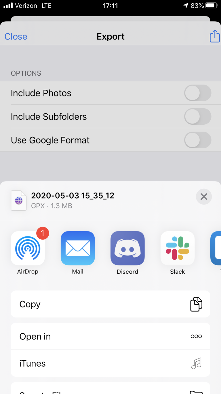 iOS share menu for GPX files.