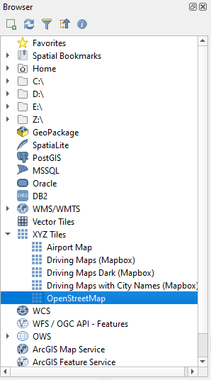 QGIS Browser Panel. In the XYZ Tiles folder is an OpenStreetMap tile layer.