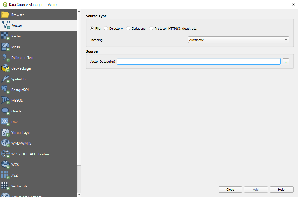 QGIS Data Source Manager - Vector dialog.