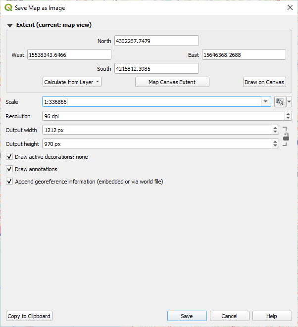 QGIS Save Map as Image dialog.