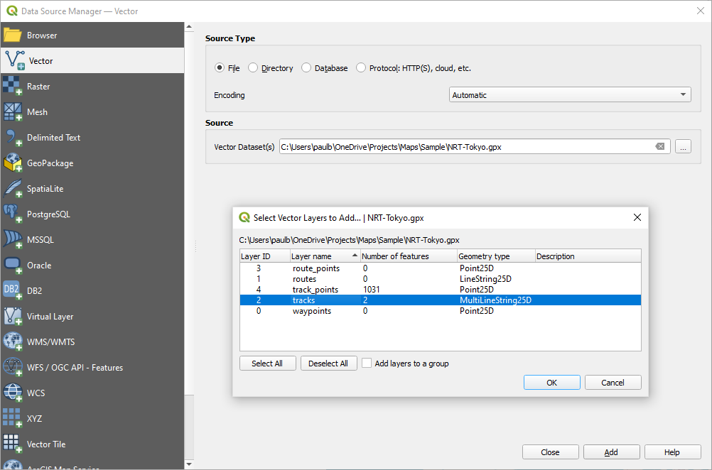 QGIS Select Vector Layers to Add dialog.