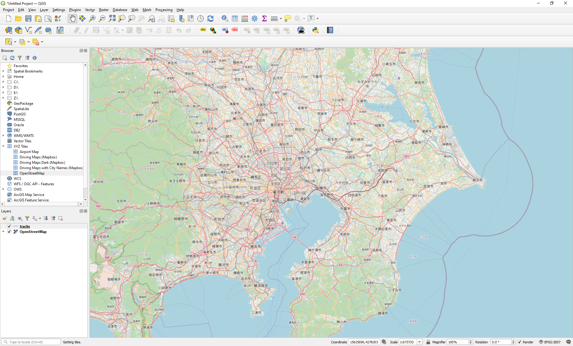 QGIS with a track from Tokyo Narita Airport to Tokyo city, on top of an OpenStreetMap tile layer.