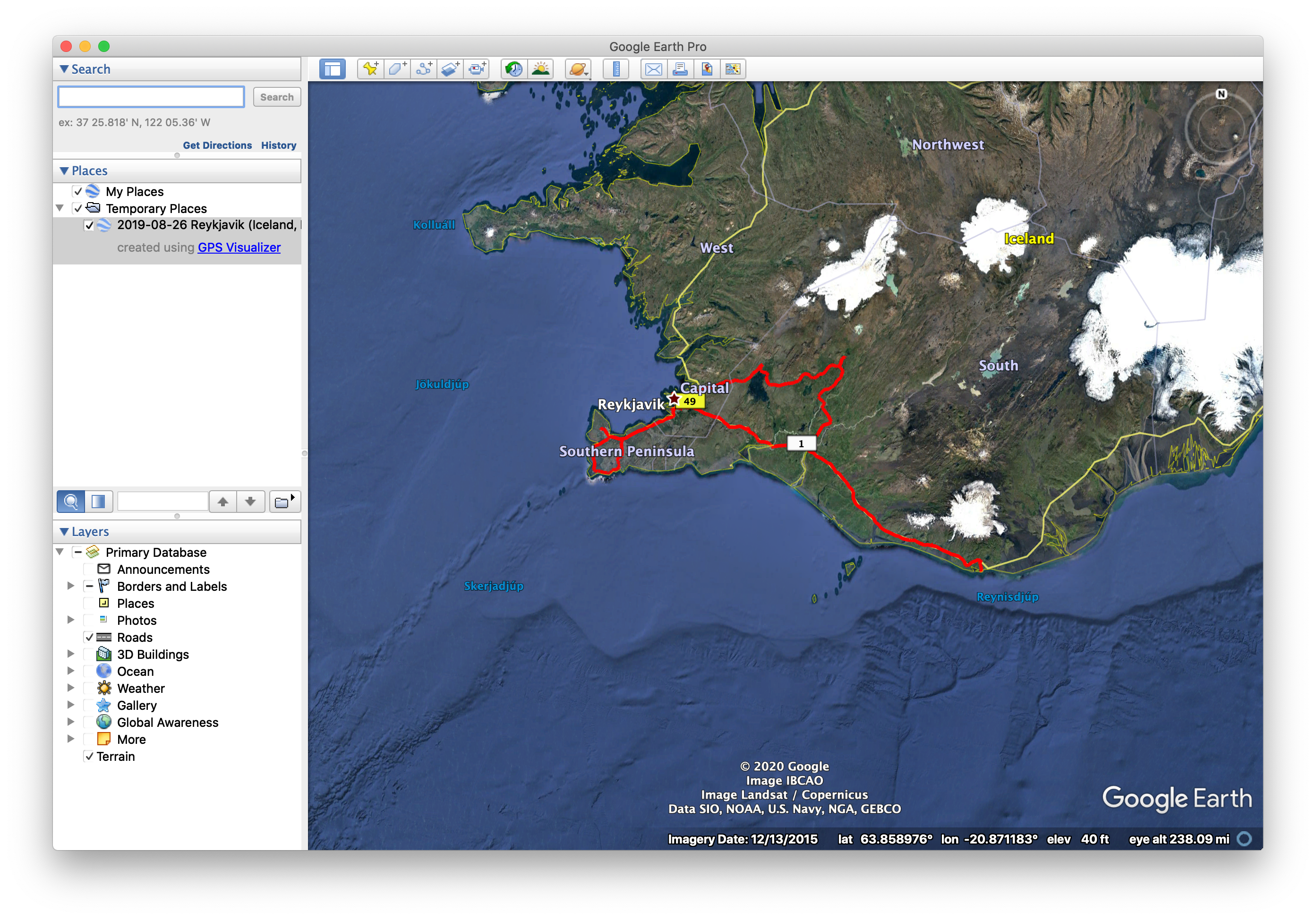 Google Earth Pro, showing a driving track in southwest Iceland.