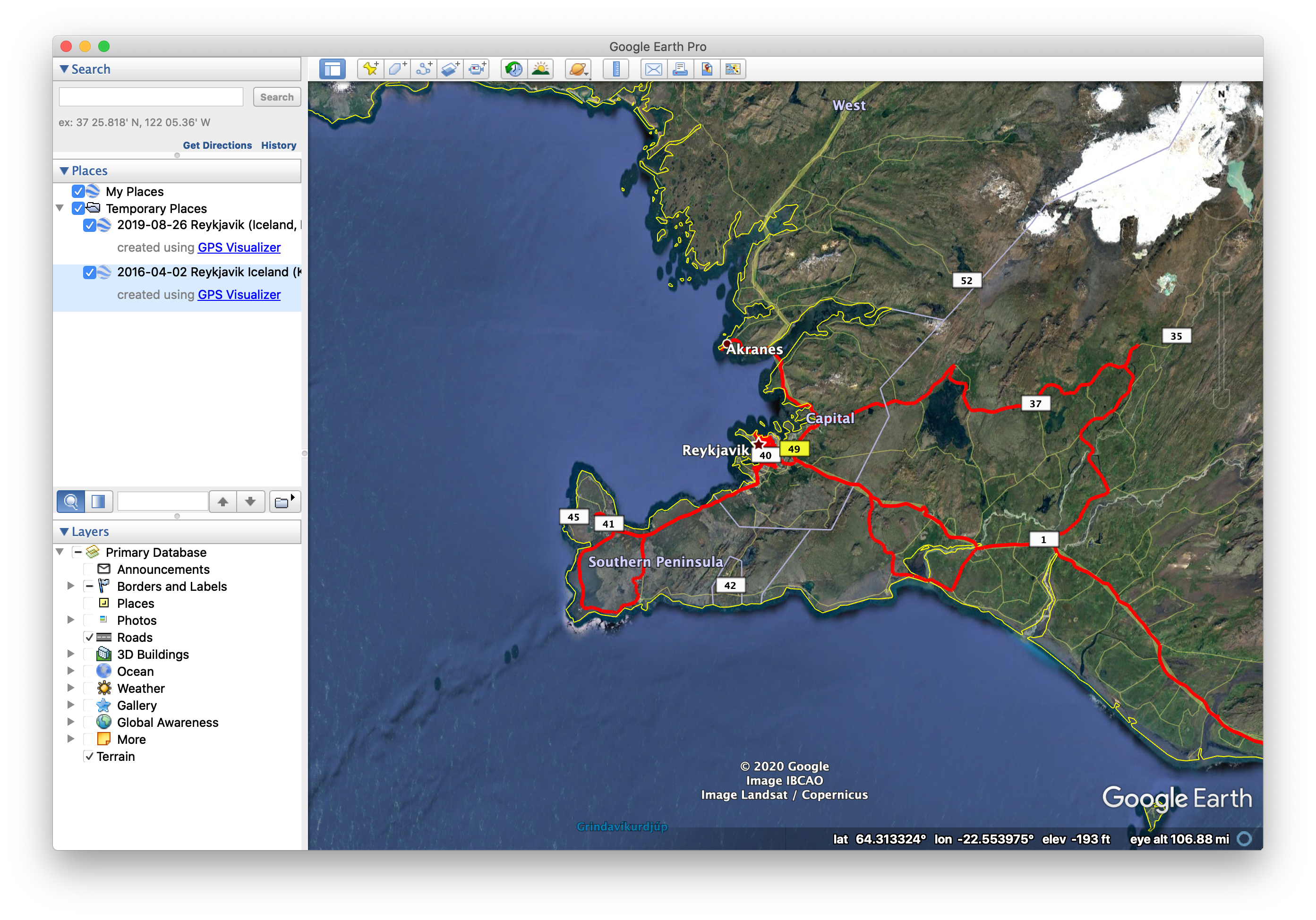 Google Earth Pro, showing two driving tracks in southwest Iceland.