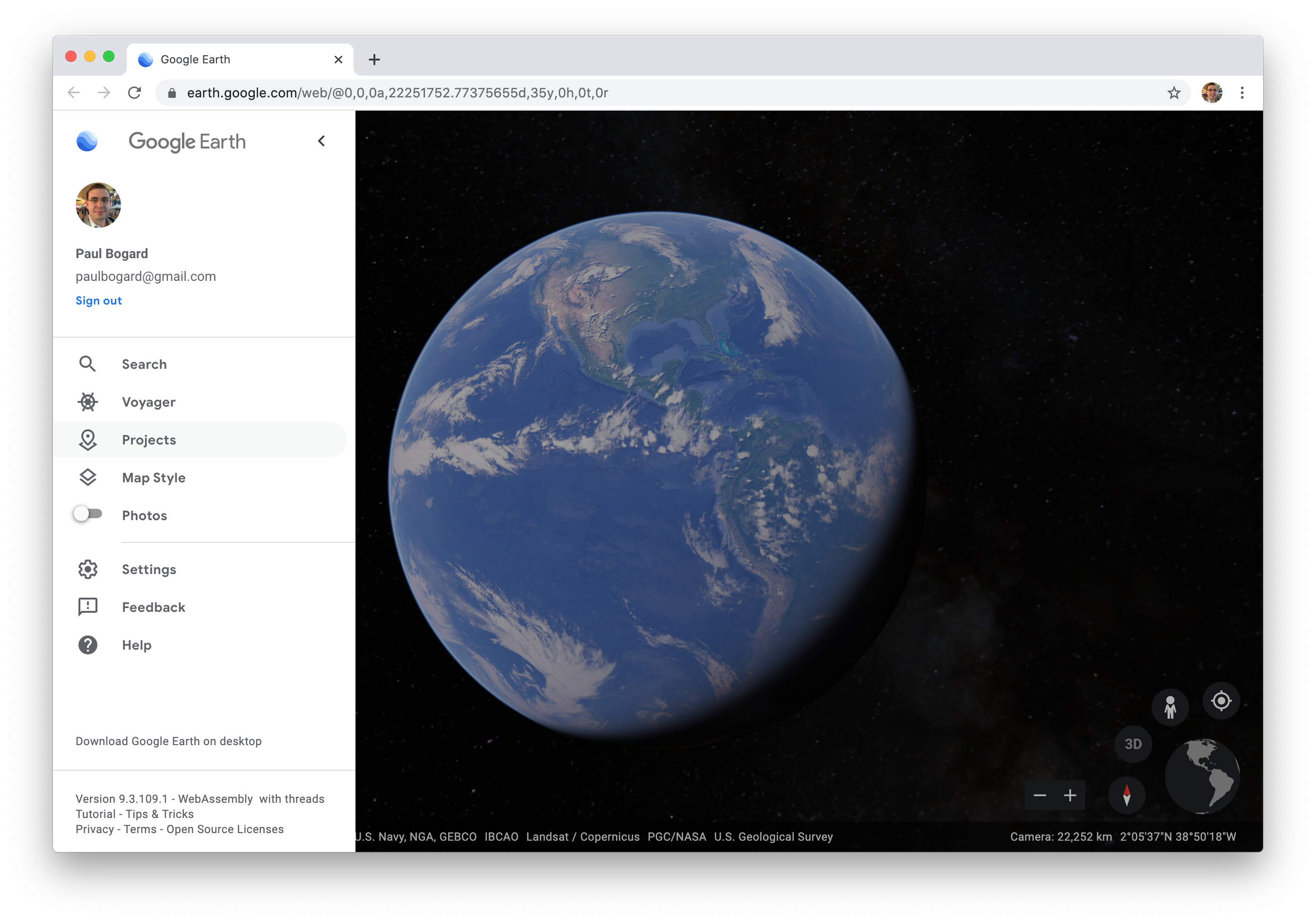 Google Earth Web sidebar menu.
