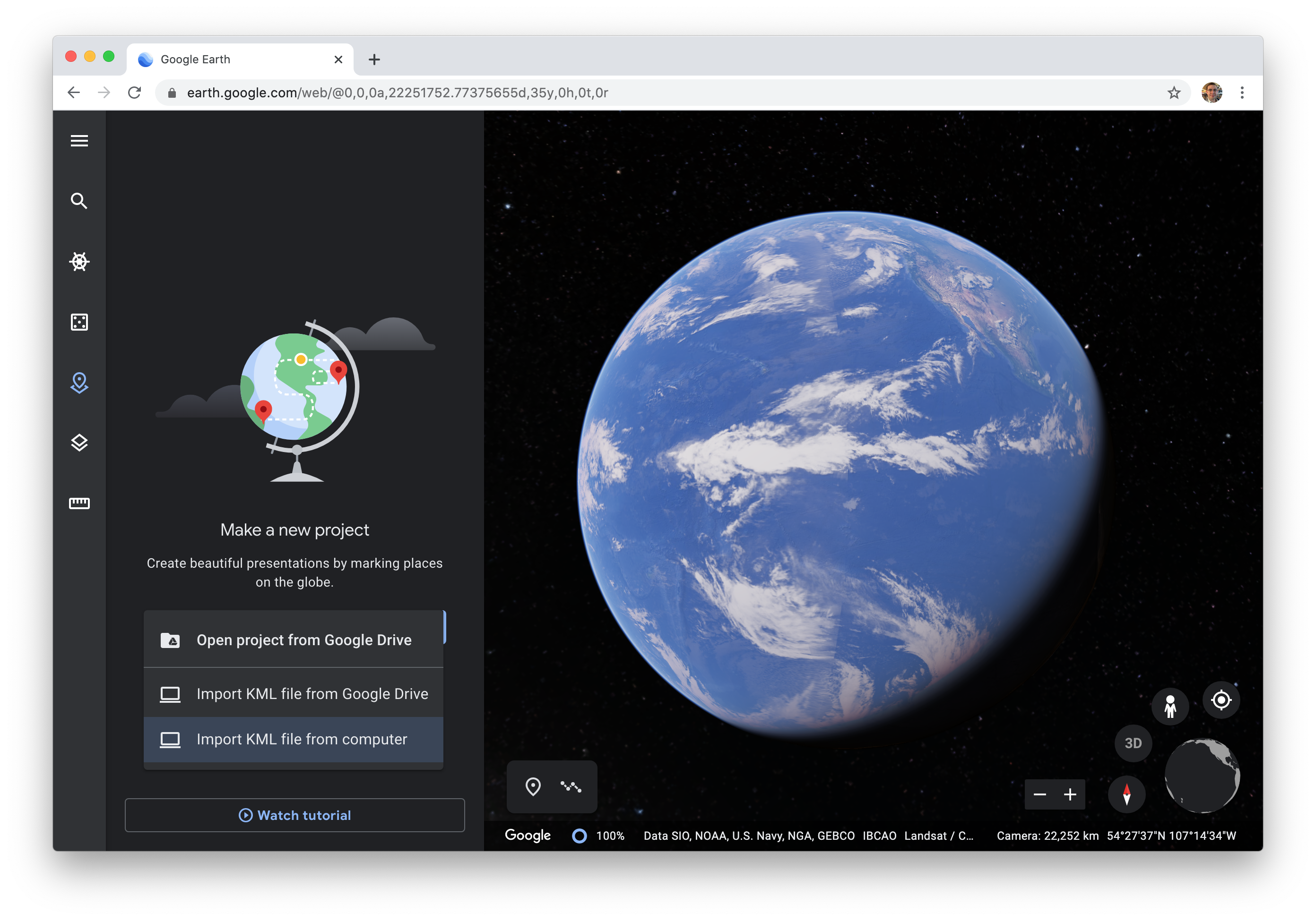 Google Earth Web Open Project menu.