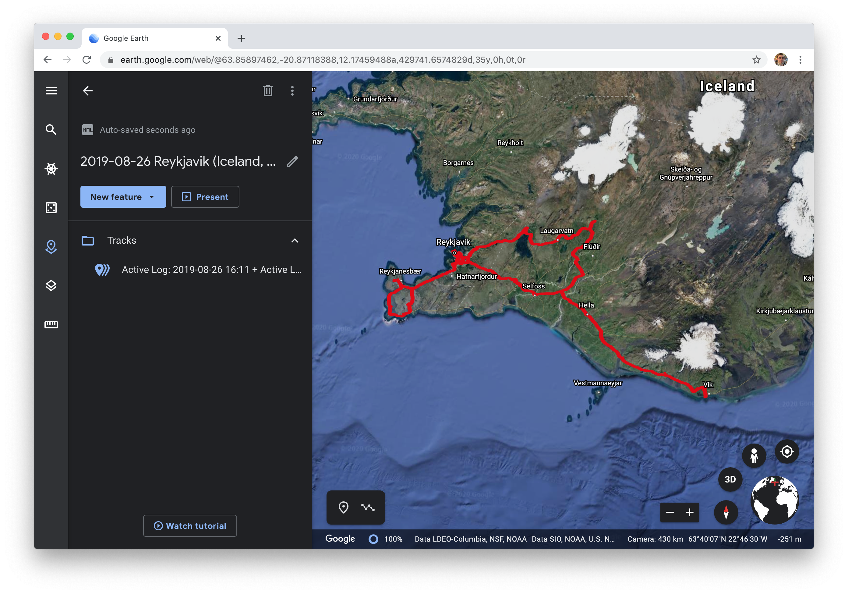 Google Earth Web, showing a driving track in southwest Iceland.