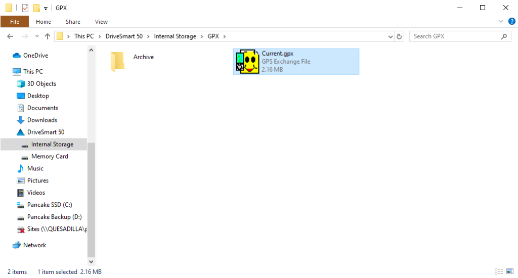 Screenshot of the Internal Storage\GPX folder for the DriveSmart device, with Current.gpx highlighted.
