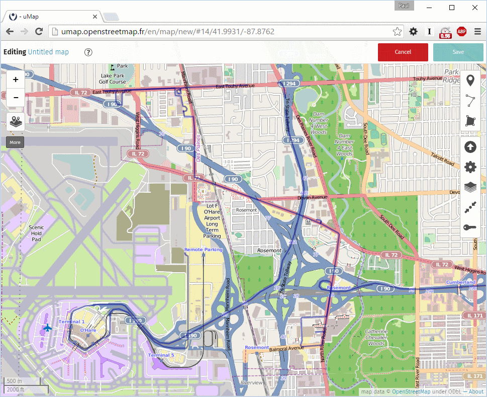 uMap with GPX file imported.