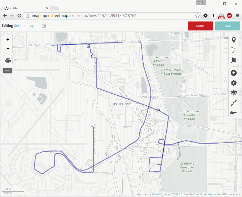uMap with GPX data over the Positron map layer.