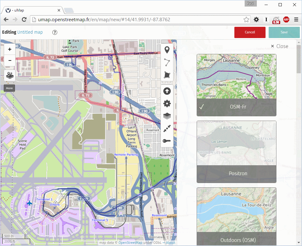 uMap change tilelayers menu.