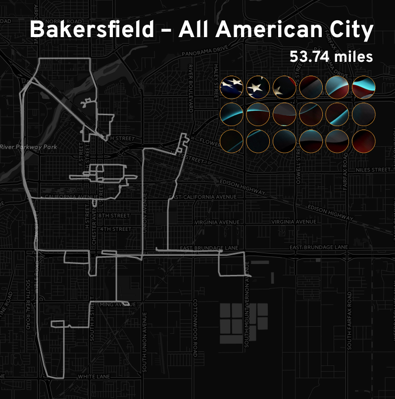 Ingress mosaic map of the 'Bakersfield – All American City' mission.