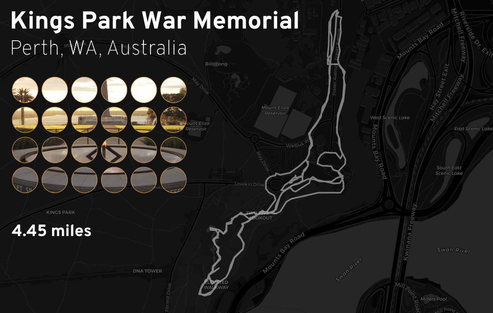 Ingress mosaic map of the 'Kings Park War Memorial' mission.