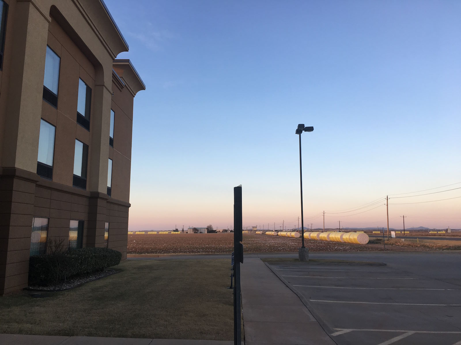 Hampton Inn and Suites Altus, in front of a cotton field.