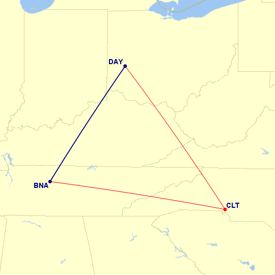 A map of flights from BNA to CLT to DAY.