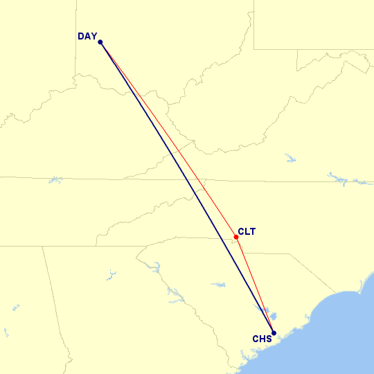 A map of flights from CHS to CLT to DAY.