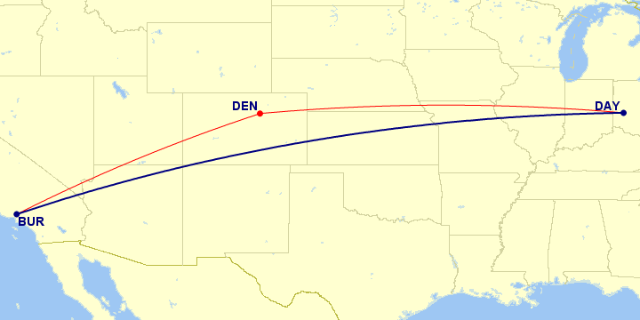 A map of flights from DAY to DEN to BUR.