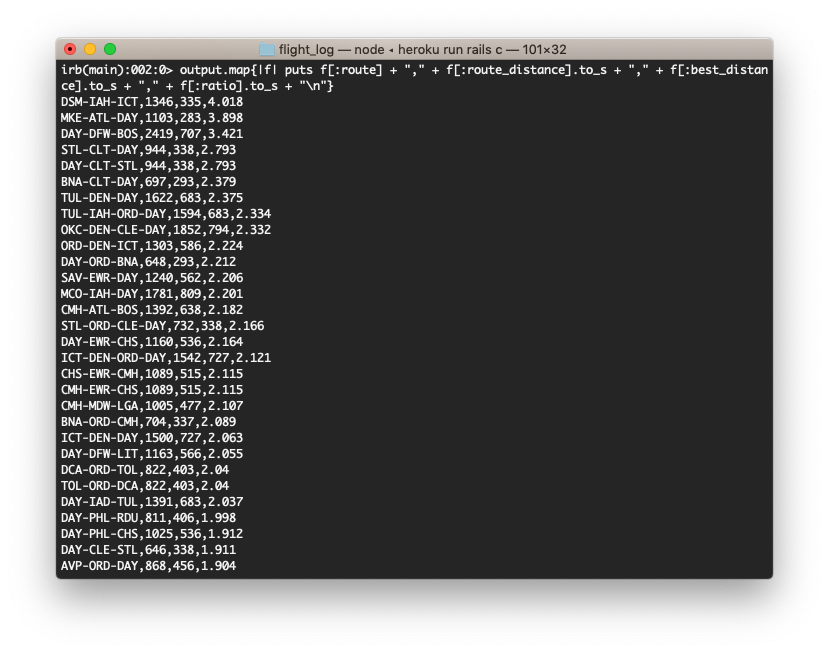 Terminal showing the same data as before, but in CSV format.
