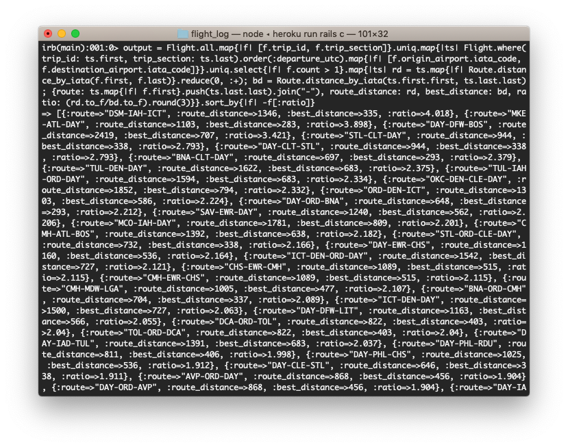 Terminal showing hashes of routes and their distances, best distances, and ratios.