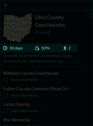 The Ingress mission screen for Ohio County Courthouses, showing that exactly two people have completed it.