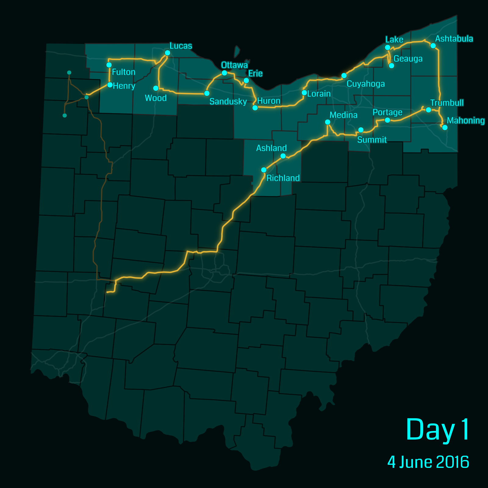Ohio map showing a route through the following counties: Henry, Fulton, Lucas, Wood, Sandusky, Ottawa, Erie, Huron, Lorain, Cuyahoga, Geauga, Lake, Ashtabula, Mahoning, Trumbull, Portage, Summit, Medina, Ashland, Richland.