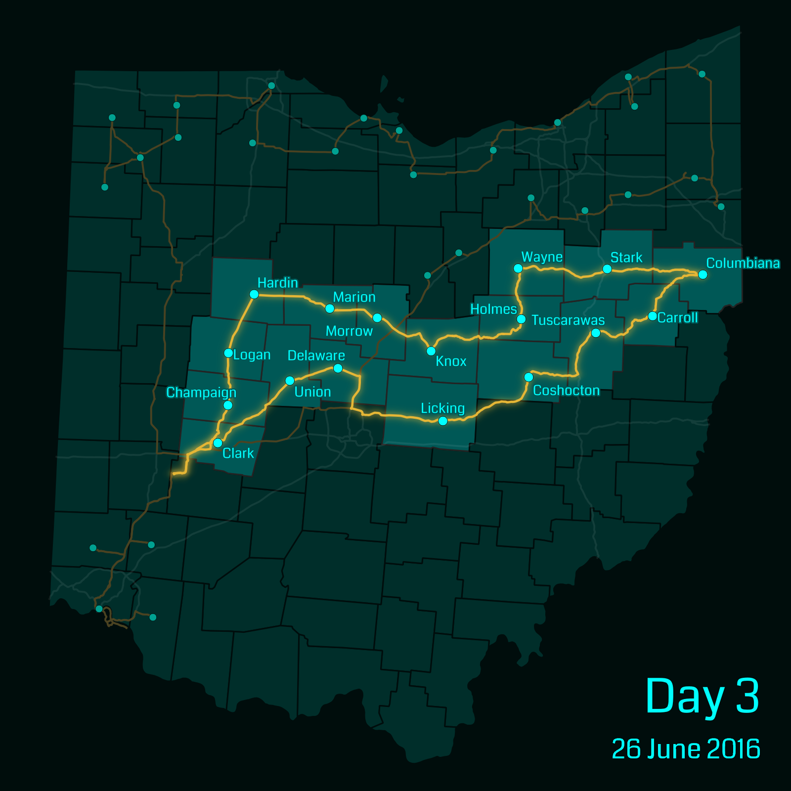 Ohio map showing a route through the following counties: Clark, Union, Delaware, Licking, Coshocton, Tuscarawas, Carroll, Columbiana, Stark, Wayne, Holmes, Knox, Morrow, Marion, Hardin.