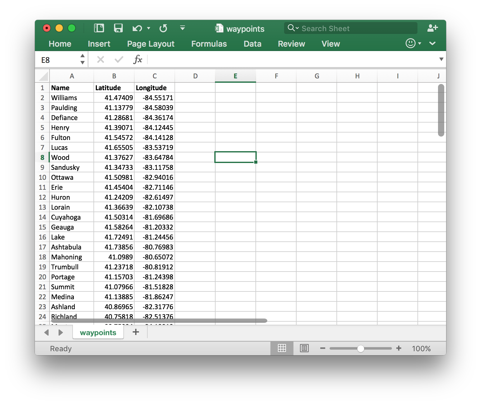 Excel spreadsheet showing each Ohio county and the latitude and longitude of its courthouse.