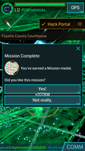 The Ingress mission completion screen for Ohio County Courthouses.